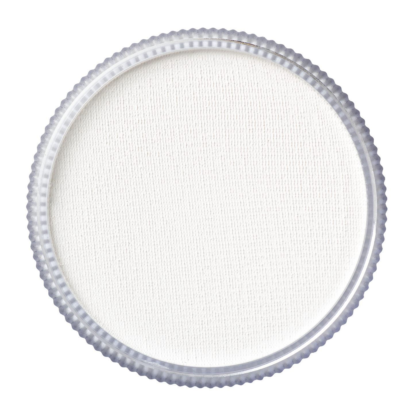 A close-up of a clear, round plastic lid with a textured edge, viewed from above, showcasing the Infinityfaces Face Paint & Body Paint Aqua Tag in Strong White (90g), set against a white background.
