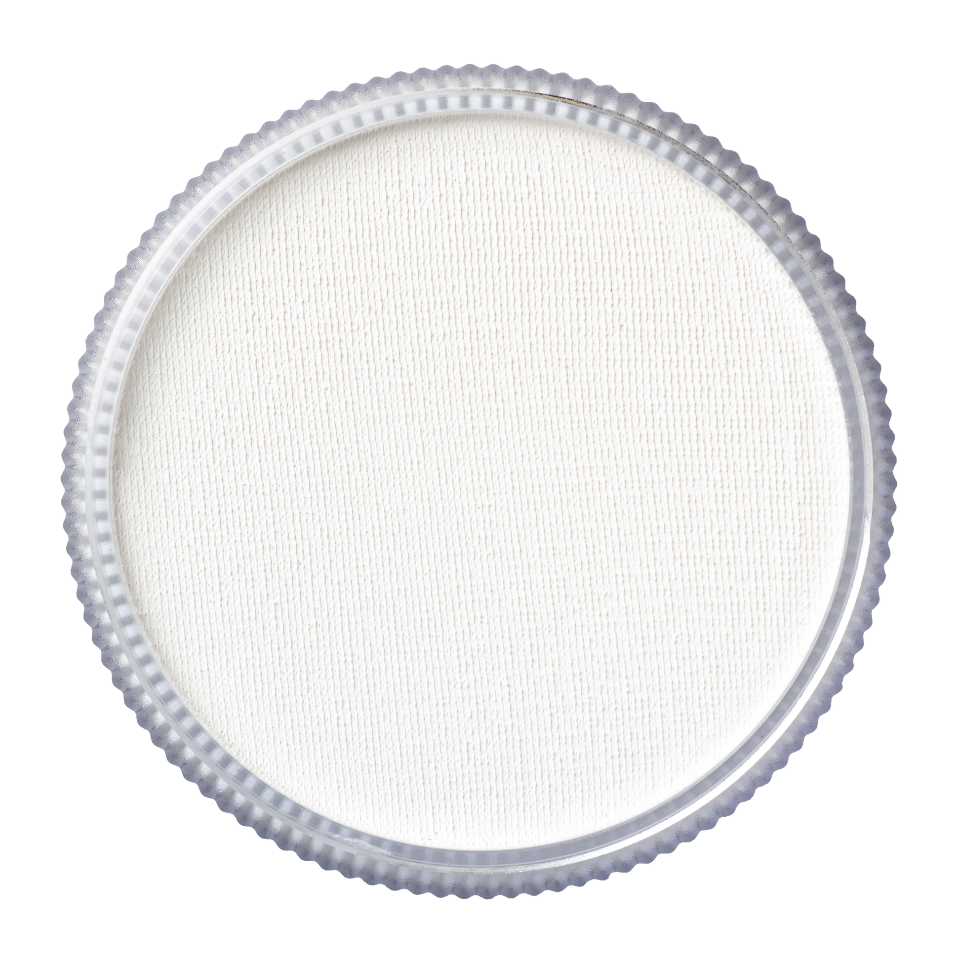 A close-up of a clear, round plastic lid with a textured edge, viewed from above, showcasing the Infinityfaces Face Paint & Body Paint Aqua Tag in Strong White (90g), set against a white background.