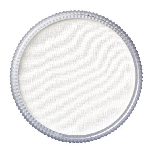A close-up of a clear, round plastic lid with a textured edge, viewed from above, showcasing the Infinityfaces Face Paint & Body Paint Aqua Tag in Strong White (90g), set against a white background.