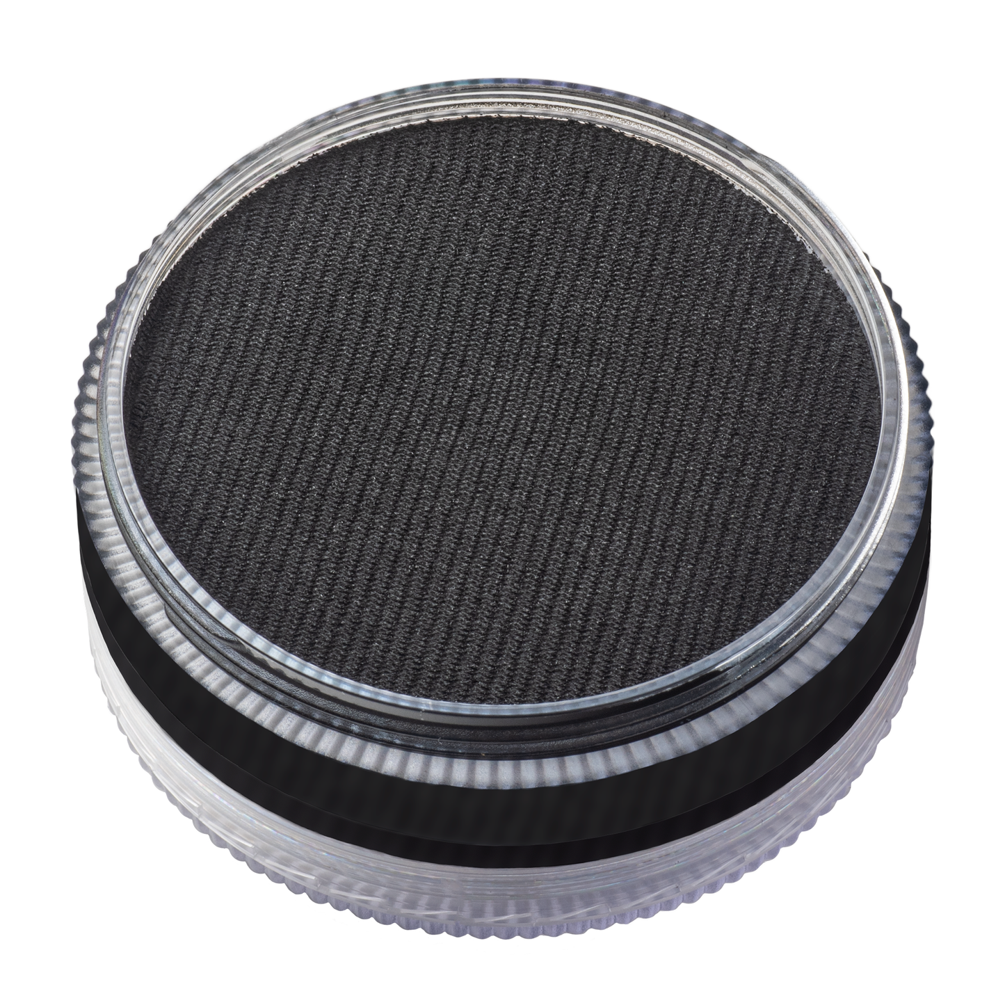 A sleek round container from Infinityfaces, the 90g Face Paint & Body Paint Aqua Tag - Black features a transparent exterior, a black textured interior, and ribbed edges for a modern jar-like appearance.