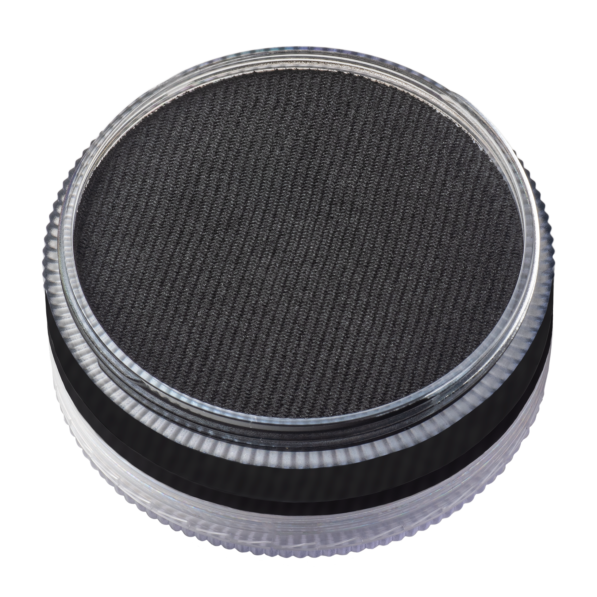 A sleek round container from Infinityfaces, the 90g Face Paint & Body Paint Aqua Tag - Black features a transparent exterior, a black textured interior, and ribbed edges for a modern jar-like appearance.