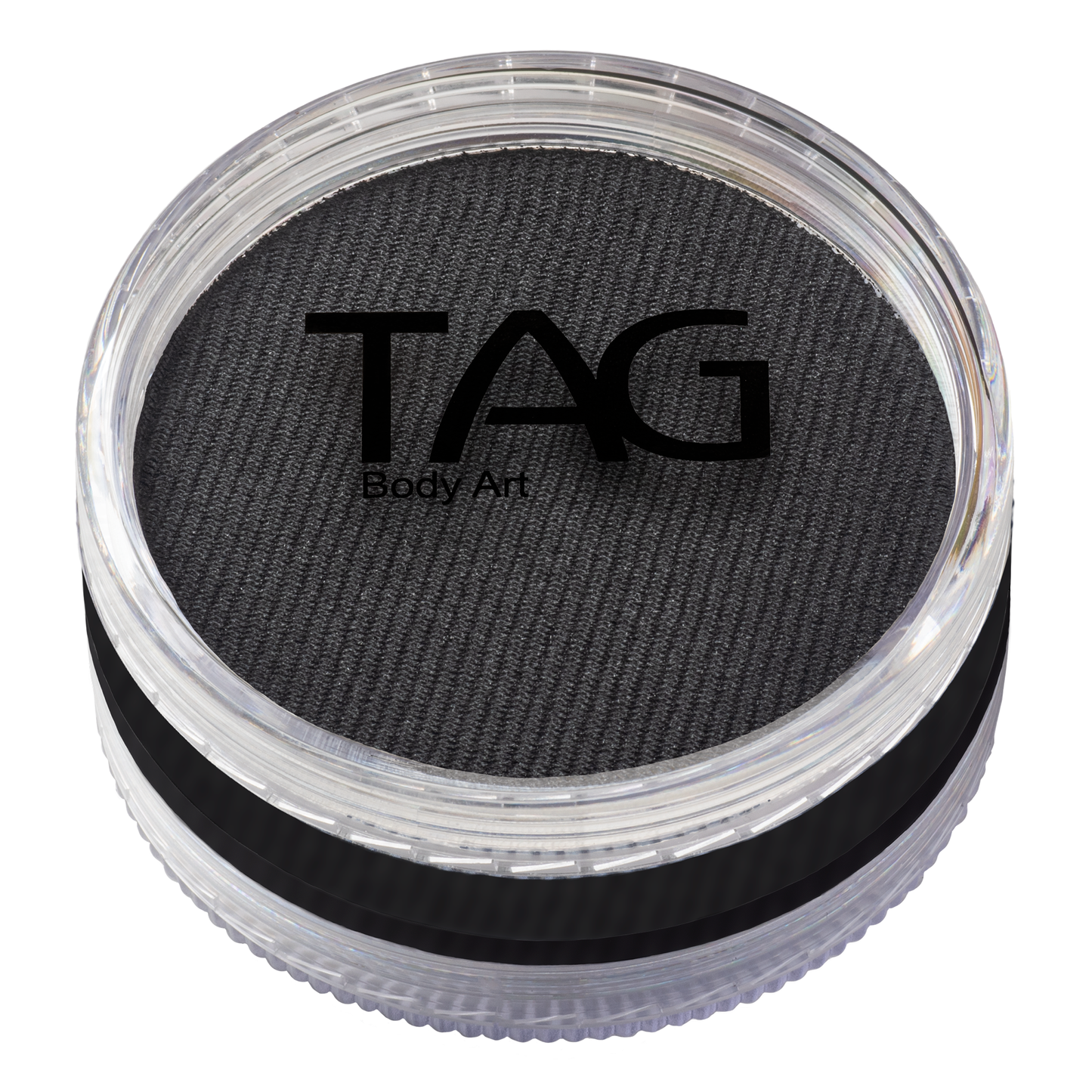 A round container from Infinityfaces holds 90g of black TAG face and body paint. It has a transparent lid displaying TAG Body Art in black font and features a black stripe around the middle.