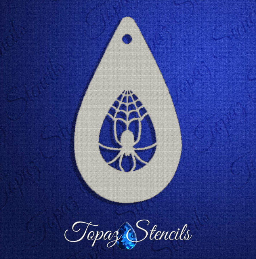 The Infinityfaces Face- & Body Stencil - Reverse Spider and Web - Topaz shows a teardrop cutout of a spider on its web, set against a blue background with faint Topaz Stencils branding and logo at the bottom.