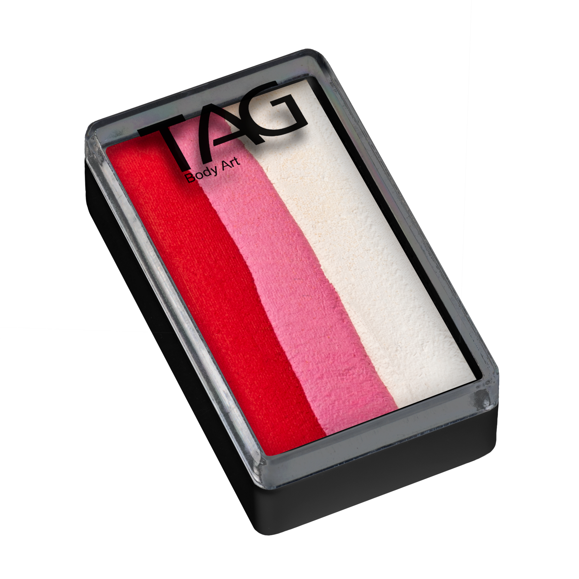 The Infinityfaces Face Paint & Body Paint Aqua - Rose One Stroke - Tag (30g) features red, pink, and white horizontal stripes in a rectangular palette with a black base and clear lid.