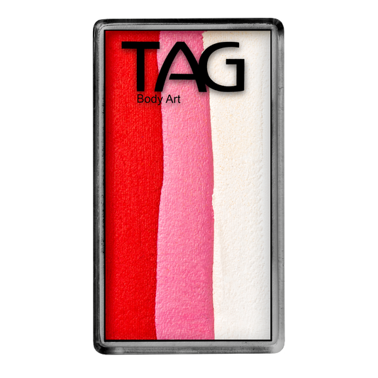 A rectangular Infinityfaces Face Paint & Body Paint Aqua - Rose One Stroke (30g) features three vertical stripes—red, pink, and white from left to right—with the TAG Body Art logo at the top of the container.