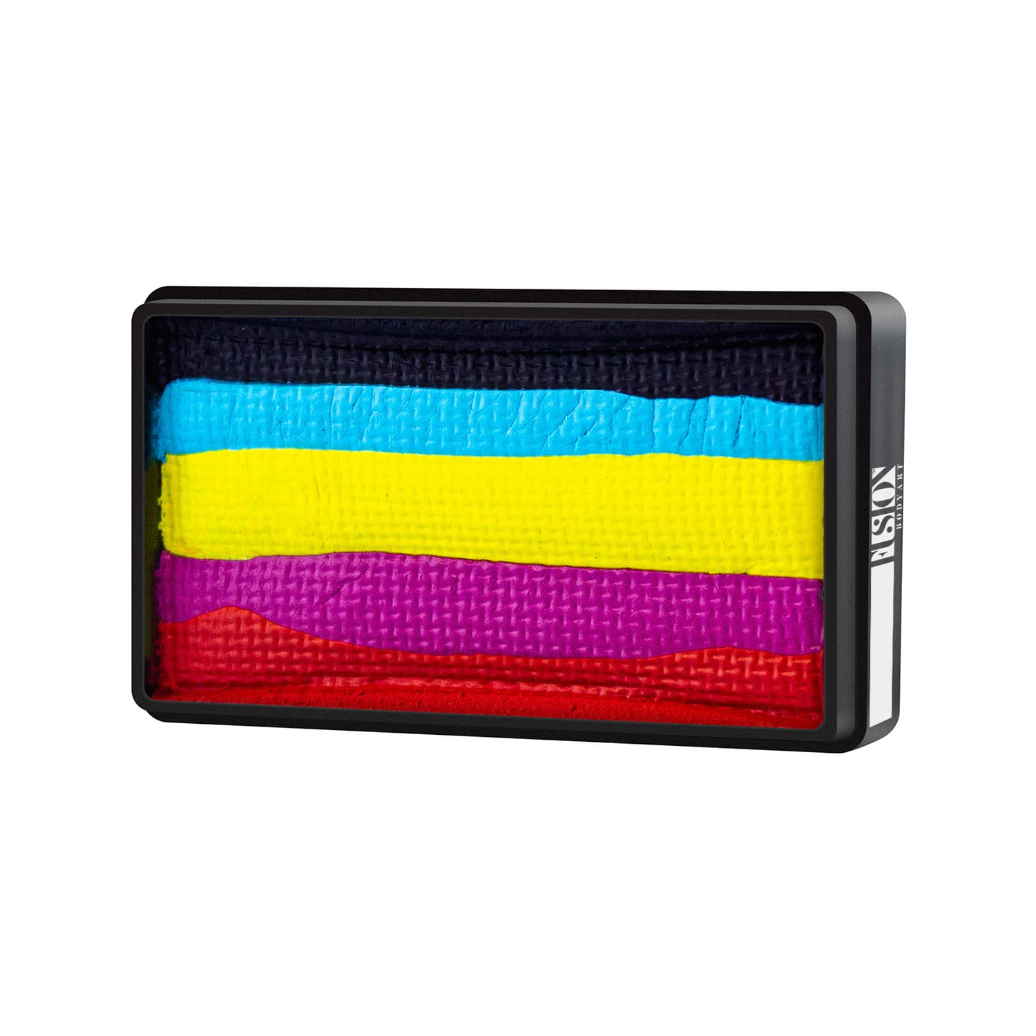 The Infinity Faces Face- & Body Paint Aqua Fusion - Leannes Rainbow - One Stroke (30g) is a rectangular black plastic container with four face paint stripes—blue, yellow, pink, and red—ideal for creating blended effects or One Stroke designs.