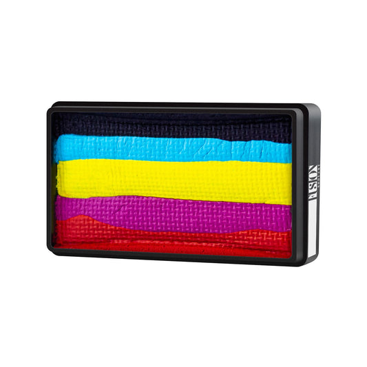The Infinity Faces Face- & Body Paint Aqua Fusion - Leannes Rainbow - One Stroke (30g) is a rectangular black plastic container with four face paint stripes—blue, yellow, pink, and red—ideal for creating blended effects or One Stroke designs.