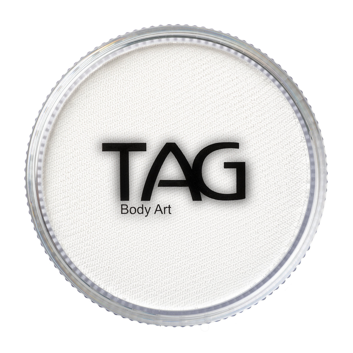 A round 32g container of Infinityfaces Face Paint & Body Paint Aqua Tag - Strong White, filled with solid white water-activated paint, and featuring the black Infinityfaces logo on the lid.