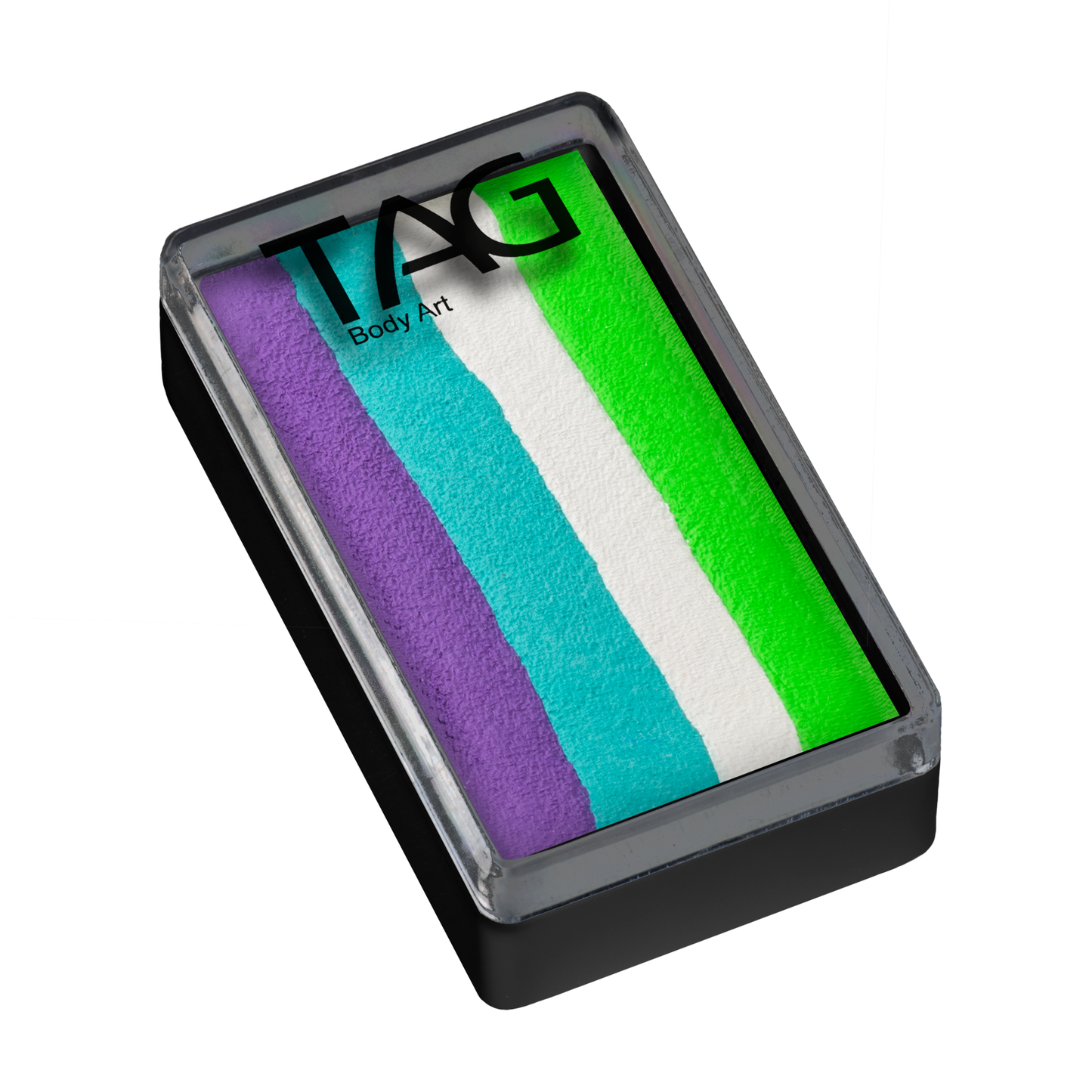 The Infinityfaces Face Paint & Body Paint Aqua - Sea Dragon One Stroke - Tag (30g) features five side-by-side stripes of purple, blue, teal, white, and green in a rectangular black plastic case.