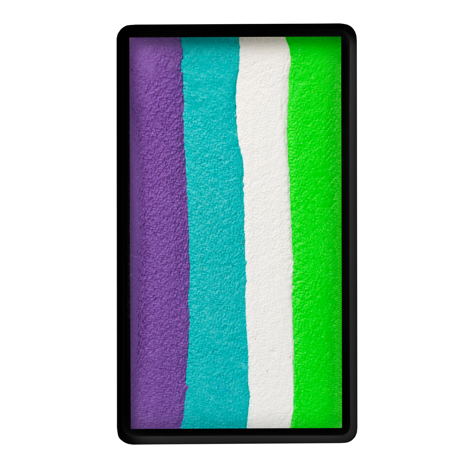 A rectangular image shows vertical stripes in purple, turquoise, white, and green with a thin black border and a slightly rough, painted paper texture. Product: Face Paint & Body Paint Aqua - Sea Dragon One Stroke (30g) by Infinityfaces.