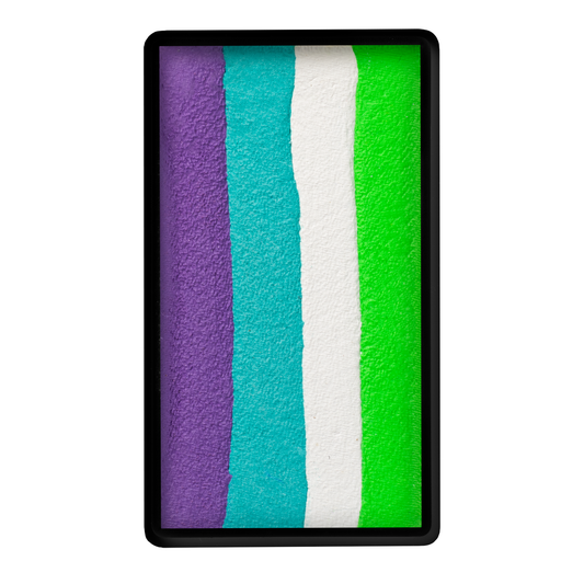 A rectangular image shows vertical stripes in purple, turquoise, white, and green with a thin black border and a slightly rough, painted paper texture. Product: Face Paint & Body Paint Aqua - Sea Dragon One Stroke (30g) by Infinityfaces.