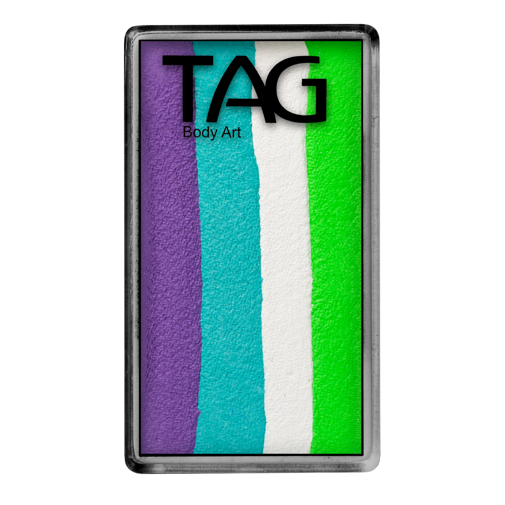 The Infinityfaces Face Paint & Body Paint Aqua - Sea Dragon One Stroke (30g) features five vertical stripes in purple, teal, white, green, and light green, with TAG Body Art in black on the rectangular case.
