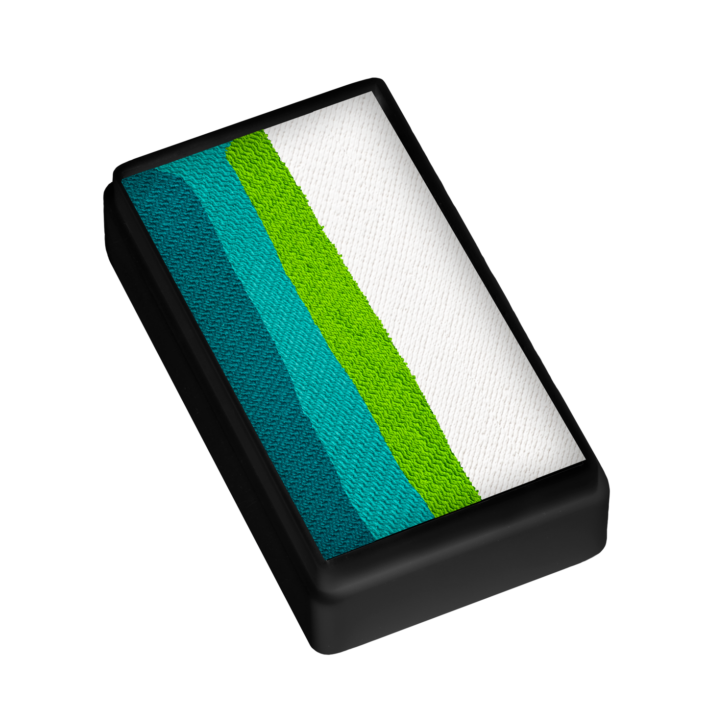 A rectangular black container from Infinityfaces holds Face Paint & Body Paint Aqua Tag - Seafoam (One Stroke) (30g), with tightly packed layers of colors: white, light green, teal, and dark teal from top to bottom.