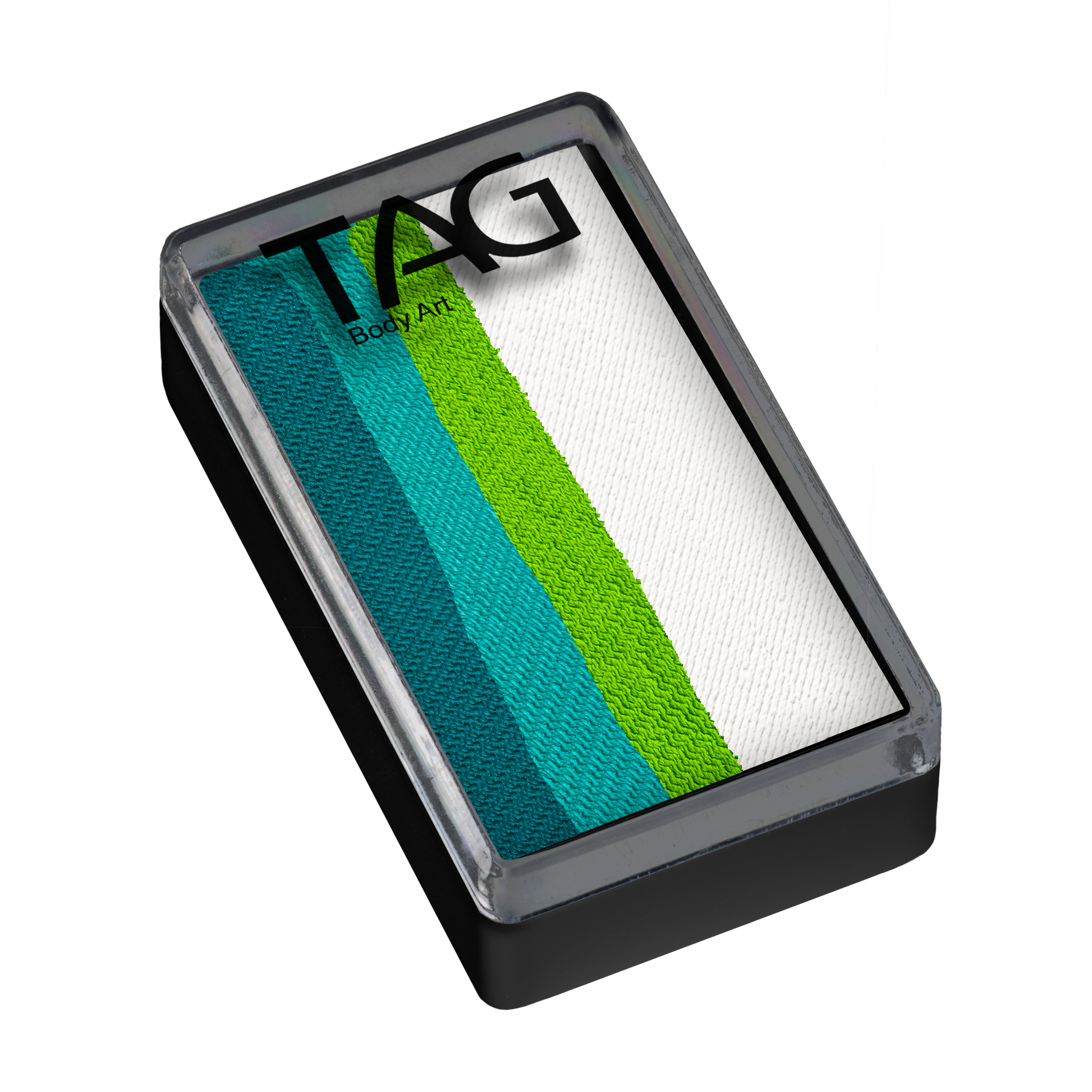 A rectangular container with blue, teal, green, and white face paint stripes, labeled Infinityfaces Face Paint & Body Paint Aqua Tag - Seafoam(One Stroke) (30g), viewed from a slight angle.