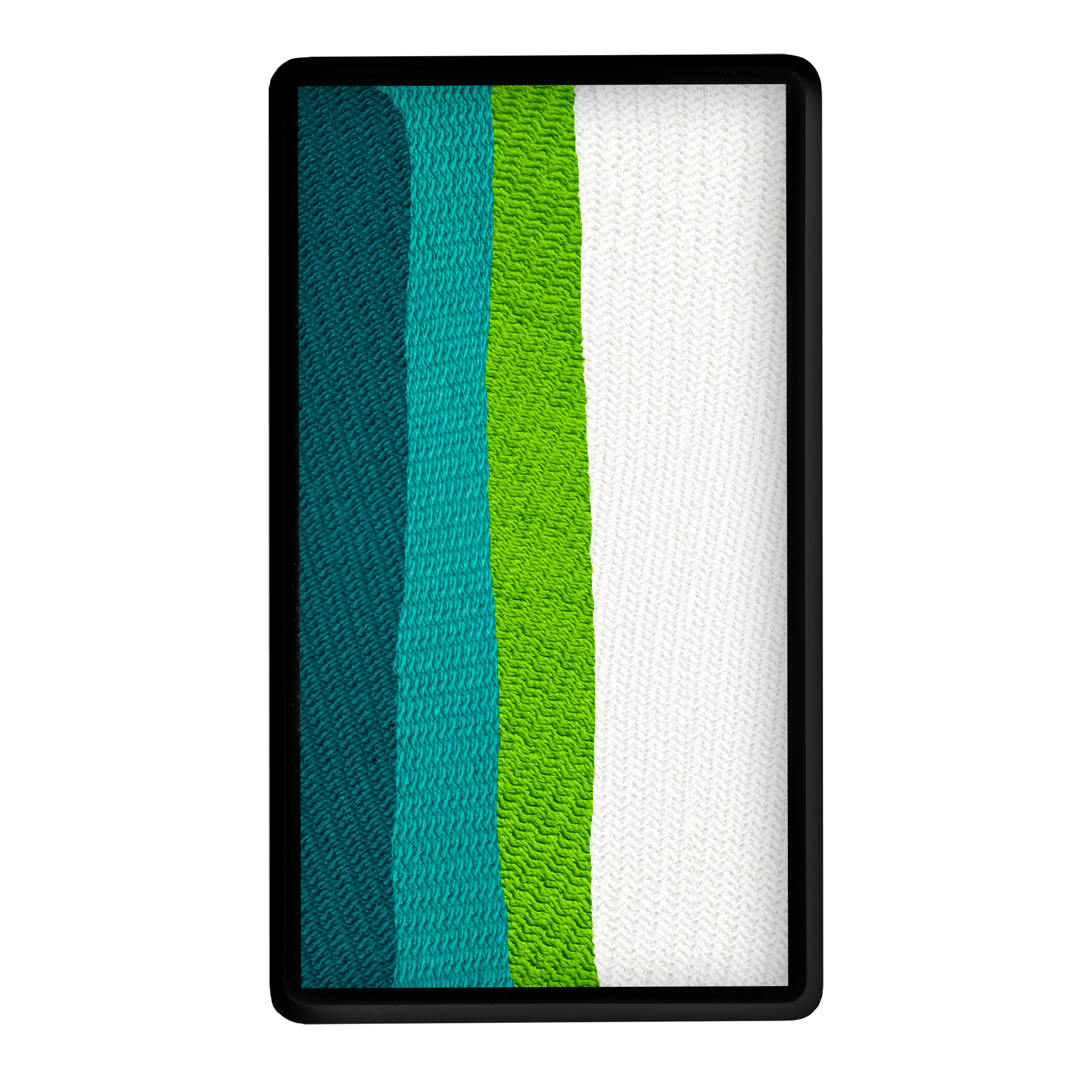 The Face Paint & Body Paint Aqua Tag - Seafoam (One Stroke) (30g) by Infinityfaces features textured vertical stripes in blue, green, and white, arranged left to right, framed with a simple black border.