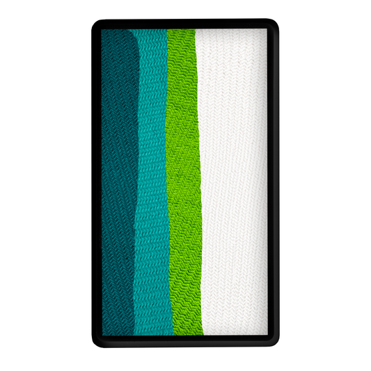The Face Paint & Body Paint Aqua Tag - Seafoam (One Stroke) (30g) by Infinityfaces features textured vertical stripes in blue, green, and white, arranged left to right, framed with a simple black border.