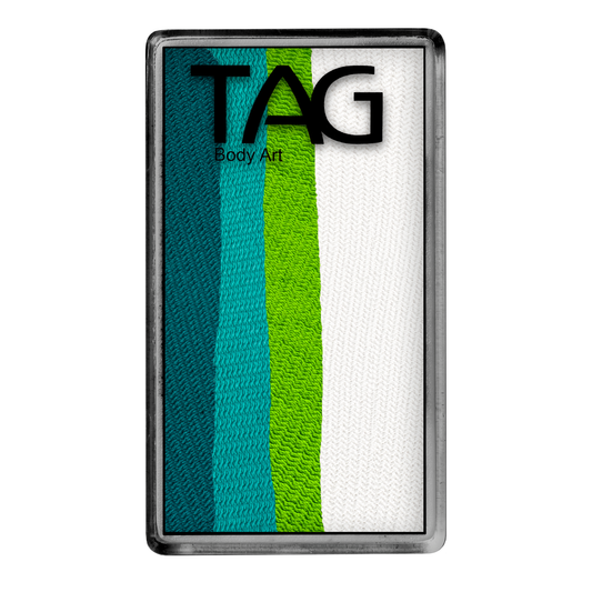 A rectangular container of Infinityfaces face paint titled Face Paint & Body Paint Aqua Tag - Seafoam (One Stroke) (30g) features vertical stripes of teal, light blue, lime green, and white with TAG printed in black on the lid.