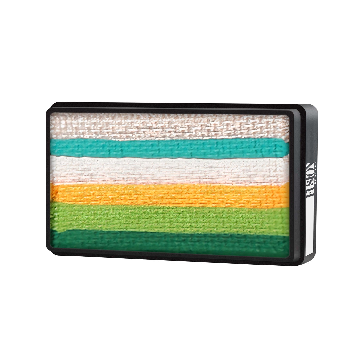 The Infinityfaces Face Paint & Body Paint Aqua Fusion - Shamrock Candy (One Stroke) (30g) features five horizontal stripes—white, teal, yellow, orange, and green—arranged in a sleek rectangular black plastic case.
