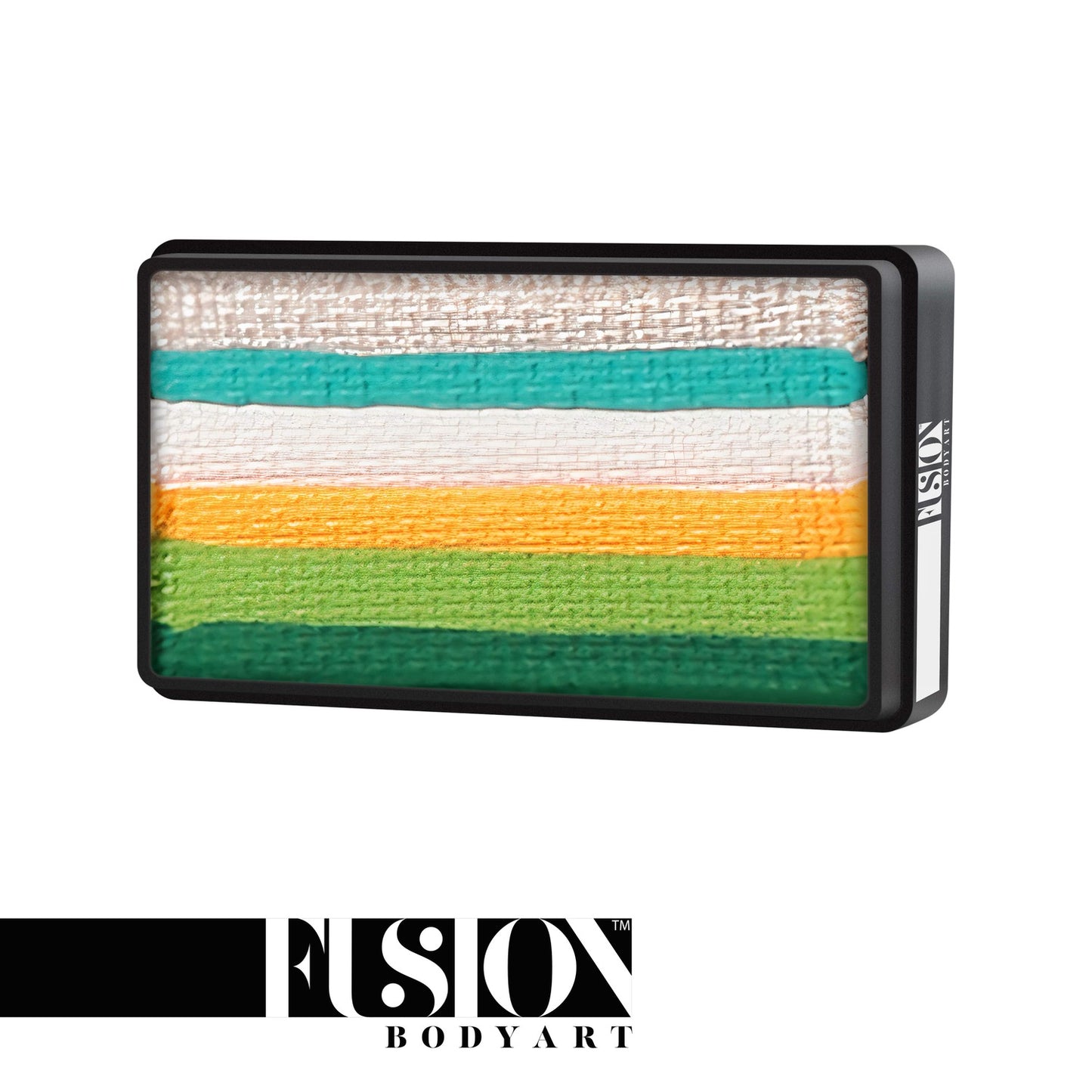 A rectangular Infinityfaces Face Paint & Body Paint Aqua Fusion - Shamrock Candy (One Stroke) (30g) cake with horizontal stripes in white, teal, yellow, green, and dark green; the Infinityfaces logo is displayed below on a black and white banner.