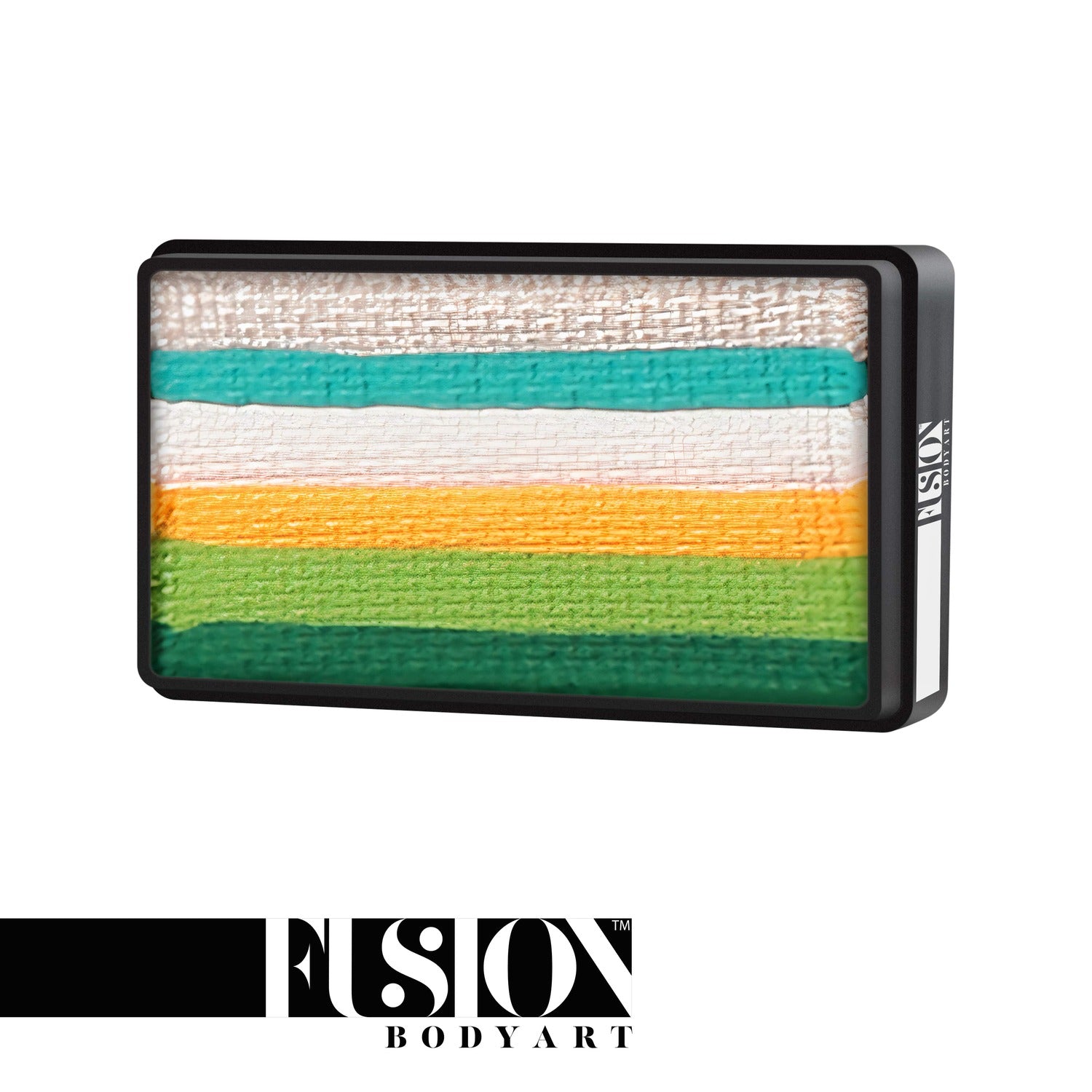 A rectangular Infinityfaces Face Paint & Body Paint Aqua Fusion - Shamrock Candy (One Stroke) (30g) cake with horizontal stripes in white, teal, yellow, green, and dark green; the Infinityfaces logo is displayed below on a black and white banner.