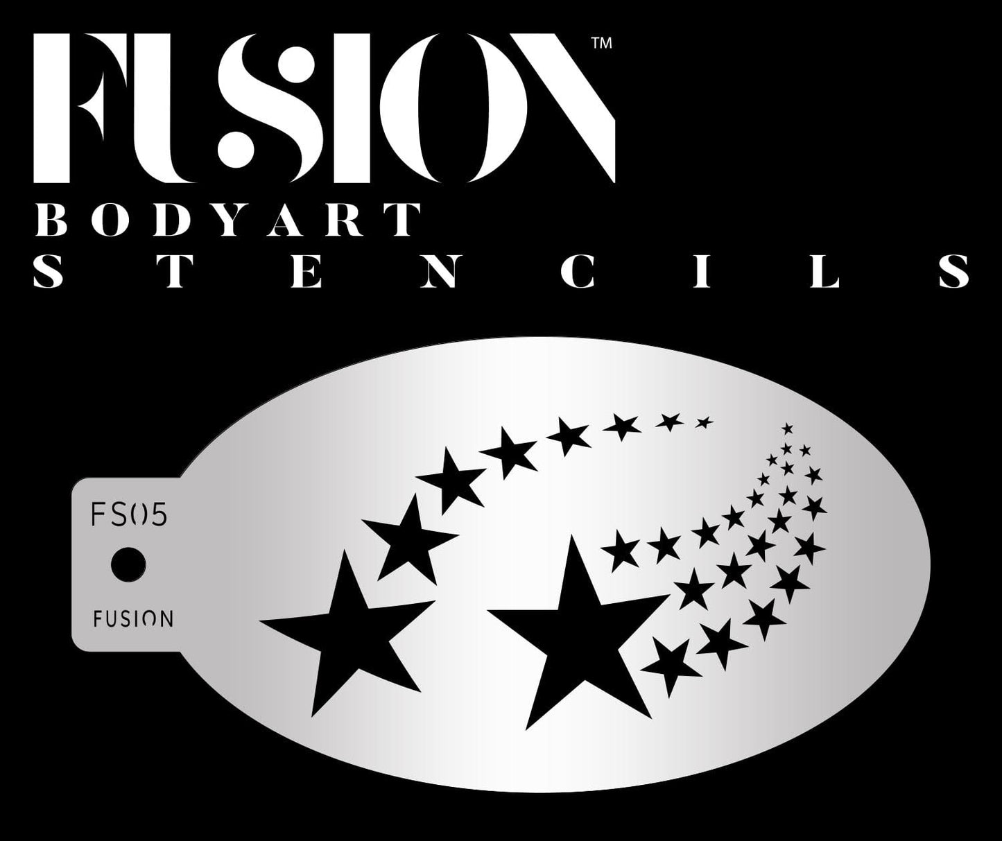 The Shooting Stars Fusion Stencil Body Art by Infinity Faces features a metallic stencil with a curved trail of black stars in different sizes. FUSION BODYART STENCILS appears in bold white letters on a black background above.