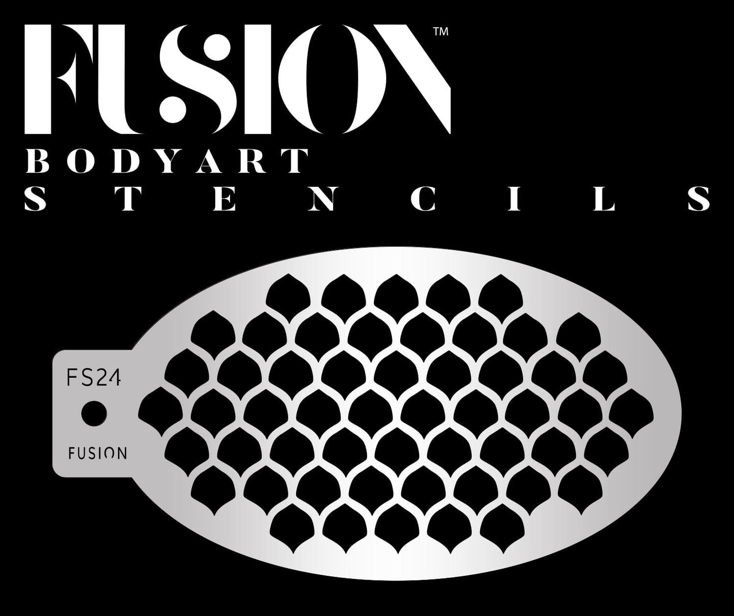 An Infinity Faces logo above a silver oval Small Mermaid Fish Scales Fusion Stencil Body Art, featuring a repeating scale pattern labeled FS24 FUSION, on a black background.