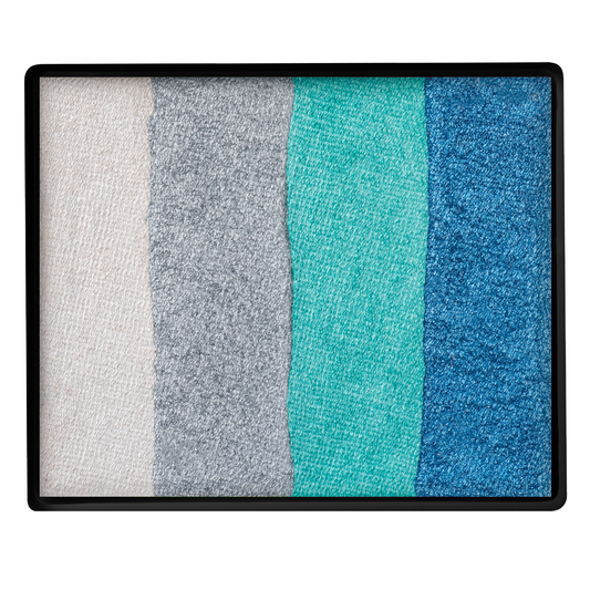 Experience vibrant creativity with the Infinityfaces Face Paint & Body Paint Aqua – Tiger Split Cake (50g), featuring bold stripes of white, light gray, gray, teal, and blue—perfect for face and body art with dynamic color blends.