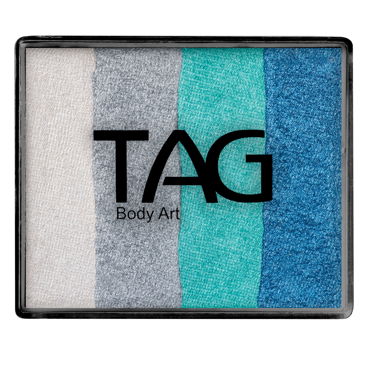 The Infinityfaces Face Paint & Body Paint Aqua Tiger Split Cake (50g) features four vibrant shades—white, silver, teal, and blue—in vertical stripes, ideal for creative body art or striking face painting designs.