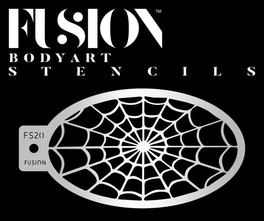 An oval-shaped stencil labeled Spinning Spider Web Fusion Stencil Body Art by Infinity Faces, featuring a spiderweb design and bold white lettering on a black background. The stencil is marked FS2 FUSION.