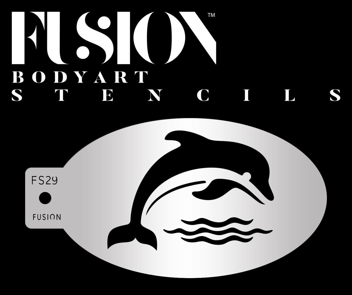 The Infinity Faces Splashing Dolphin Fusion Stencil Body Art features a jumping dolphin with water waves on an oval stencil marked FS29 and FUSION, set against a black background.