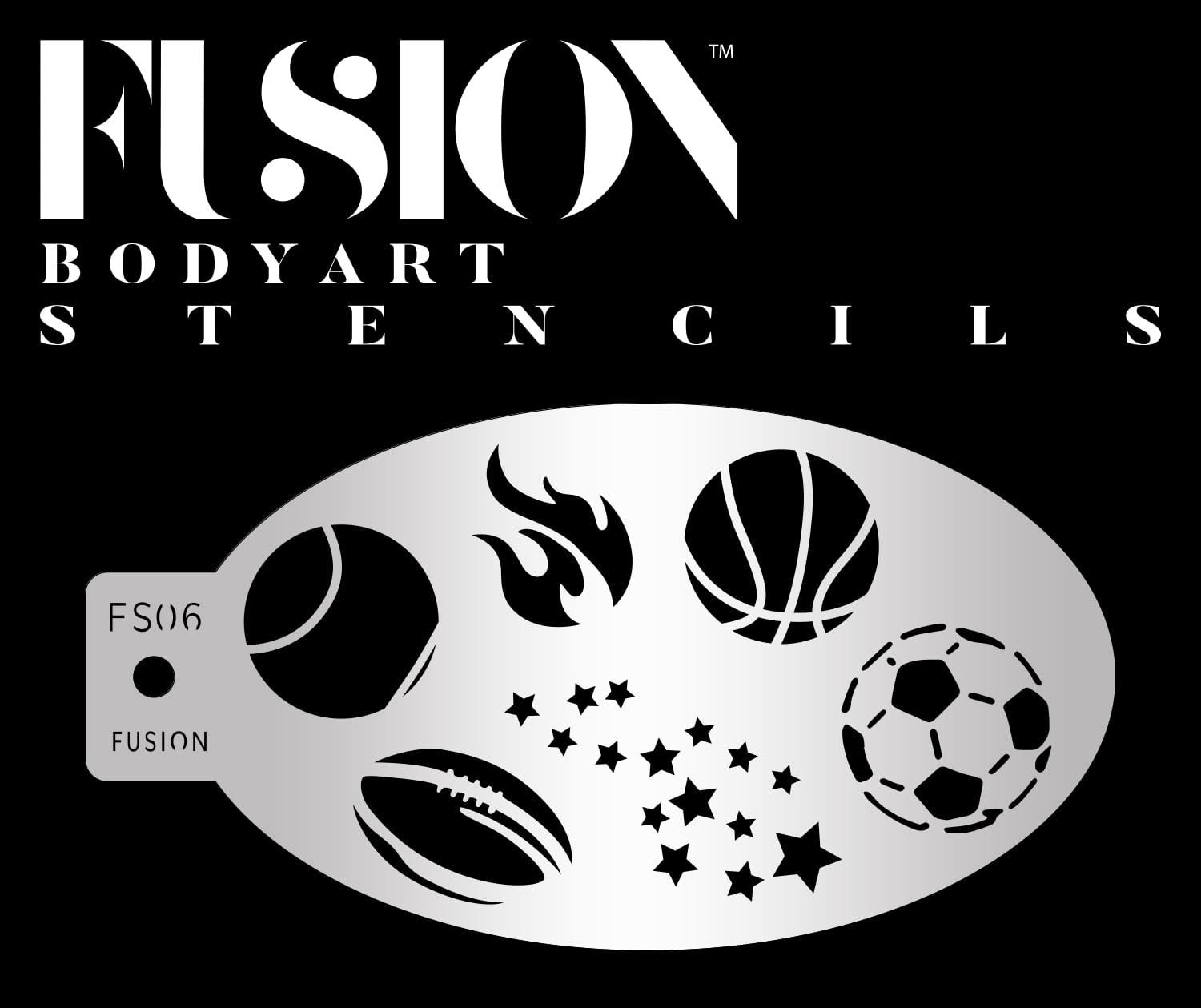 Black and silver Sport Stars Football Soccer Fusion Stencil Body Art by Infinity Faces features cutouts of a basketball, football, soccer ball, flames, and stars on a black background.