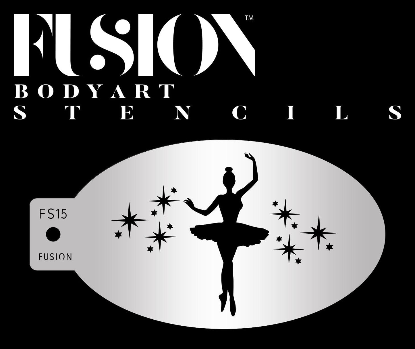 The Infinity Faces Star Ballerina Fusion Stencil Body Art features a ballerina silhouette with stars, set against a black background and bold white text above.
