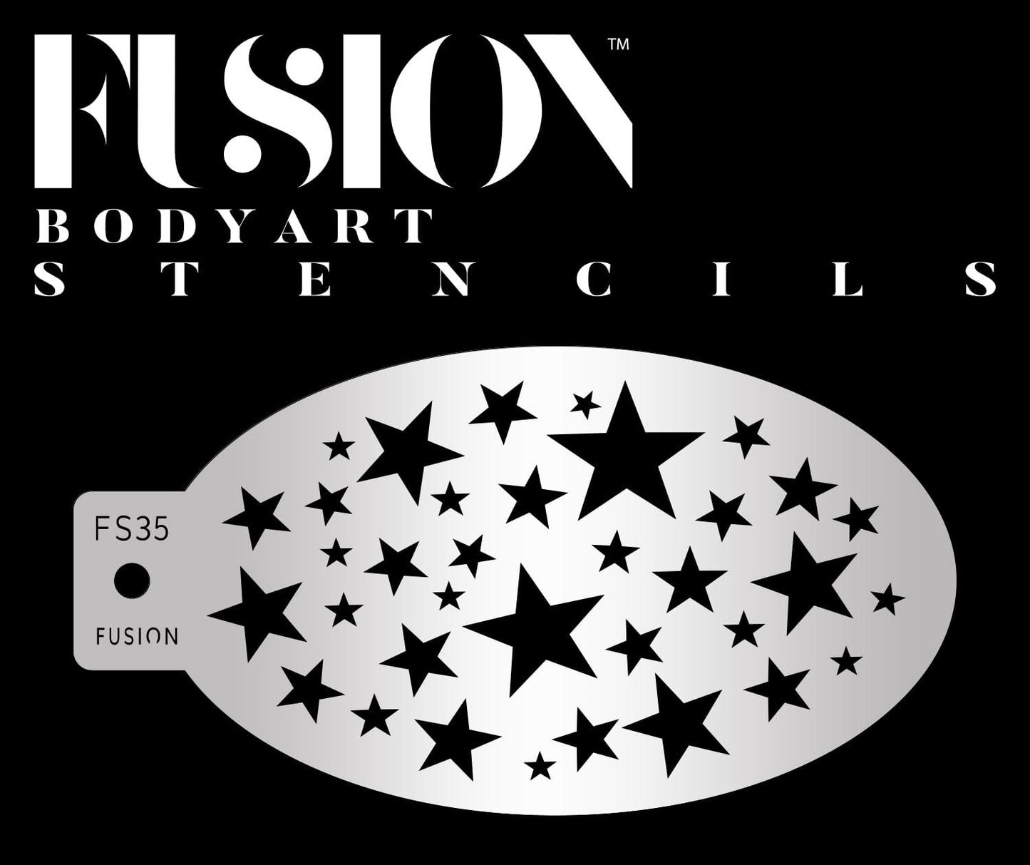 A silver oval Infinity Faces Star Cluster Fusion Stencil Body Art (FS35) with various star cutouts is shown below the text Fusion Body Art Stencils on a black background.
