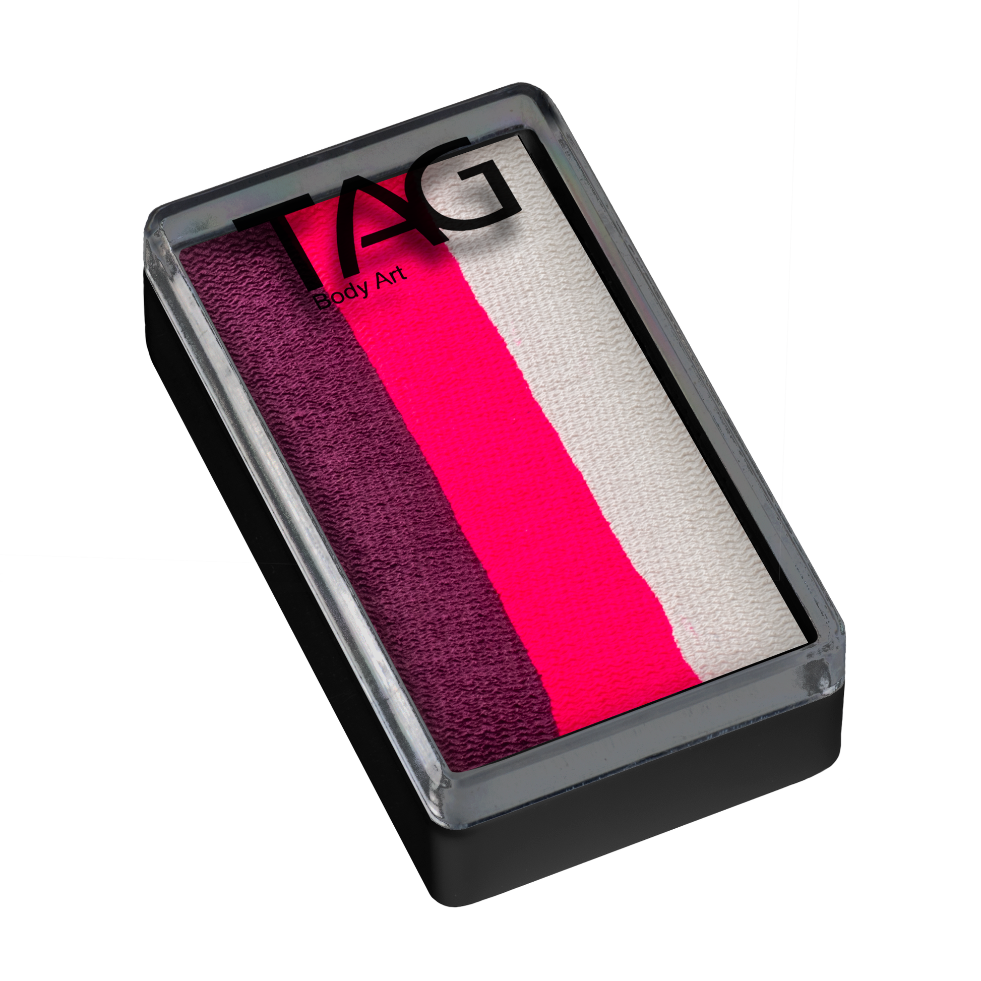 The Infinityfaces Face Paint & Body Paint Aqua - Stargazer One Stroke - Tag (30g) features three horizontal stripes—purple, bright pink, and white—in a rectangular black plastic case with a clear lid.