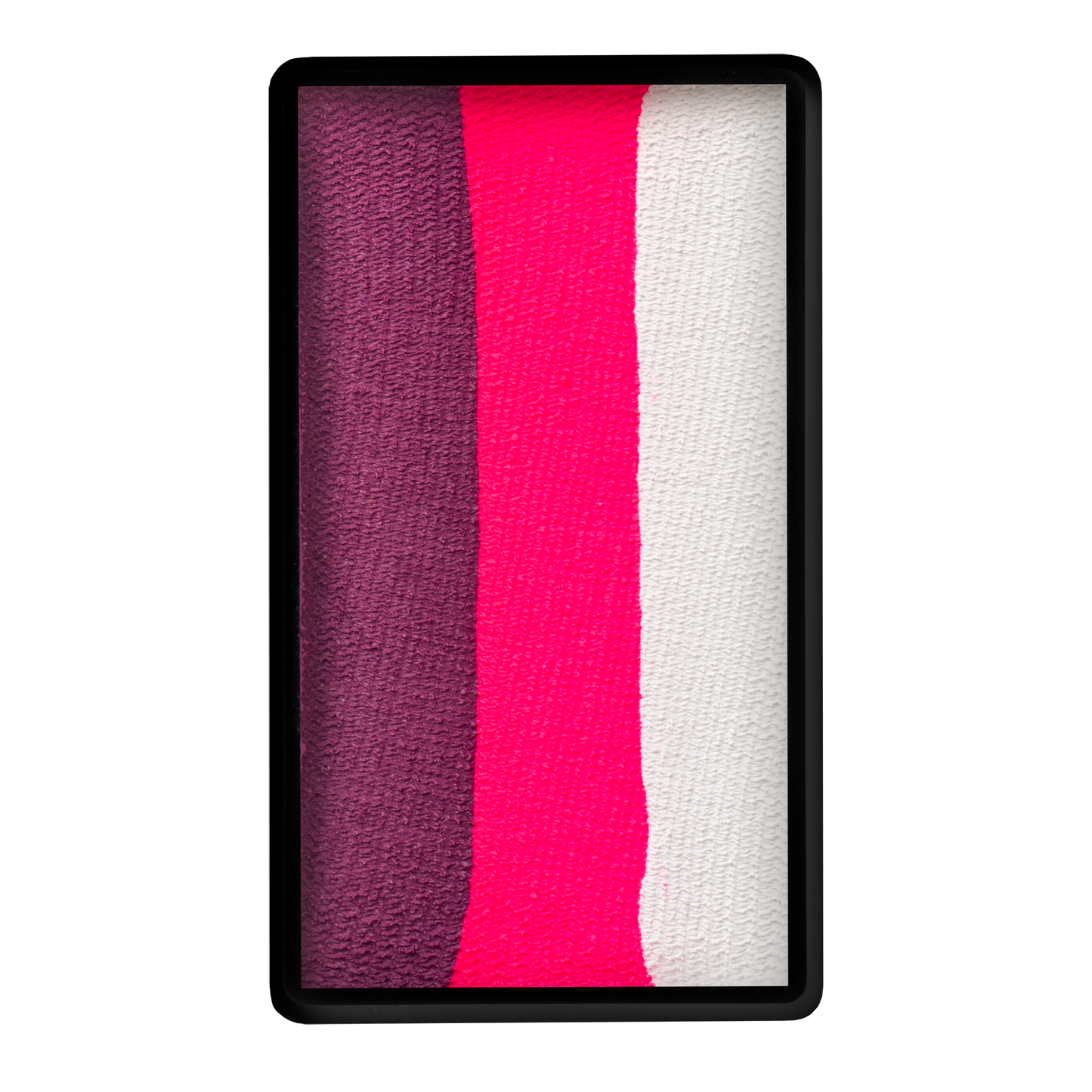 The Infinityfaces Face Paint & Body Paint Aqua - Stargazer One Stroke (30g) features a rectangular black tray with three textured, vertical stripes in dark purple, bright pink, and white for a vibrant color swatch effect.