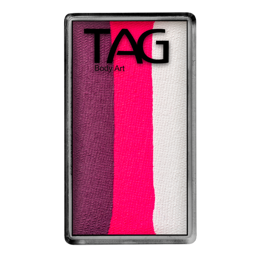 A rectangular pan labeled Face Paint & Body Paint Aqua - Stargazer One Stroke - Tag (30g) by Infinityfaces contains three vertical stripes of face paint in purple, bright pink, and white.