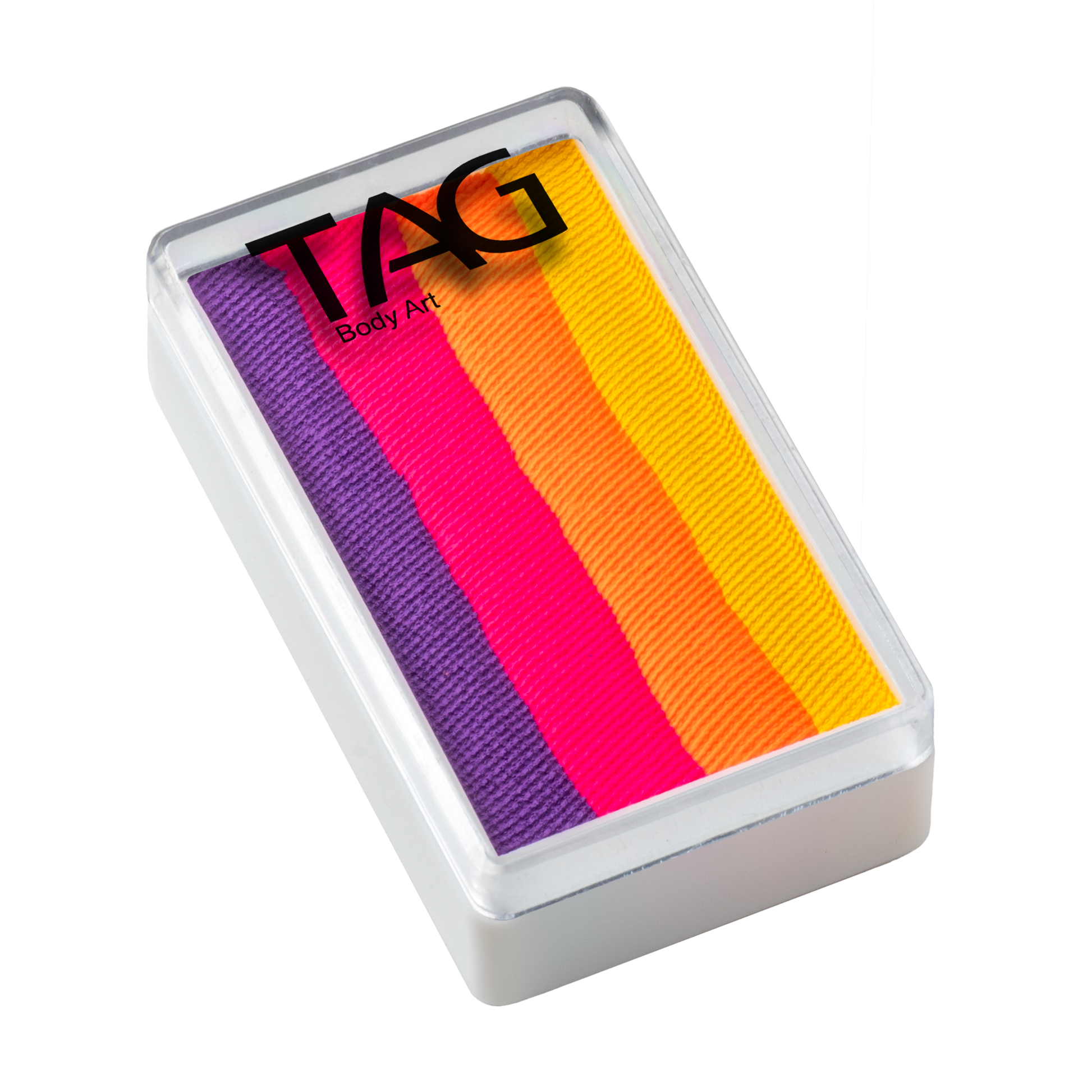 A 30g face paint container with purple, pink, orange, and yellow stripes. The clear lid features TAG Body Art text. Brand: Infinityfaces.