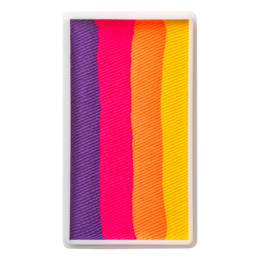 A rectangular tray with a white border contains four parallel rows of textured sand in purple, pink, orange, and yellow from left to right, reminiscent of the vibrant colors in Infinityfaces Face Paint & Body Paint Aqua Tag - Summer Nights (One Stroke) (30g).