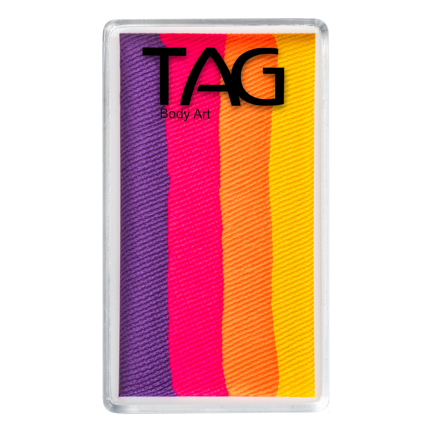 A rectangular palette from Infinityfaces, the Summer Nights Aqua Tag (30g), features four face paint stripes in purple, pink, orange, and yellow with a transparent lid.