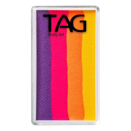 A rectangular palette from Infinityfaces, the Summer Nights Aqua Tag (30g), features four face paint stripes in purple, pink, orange, and yellow with a transparent lid.