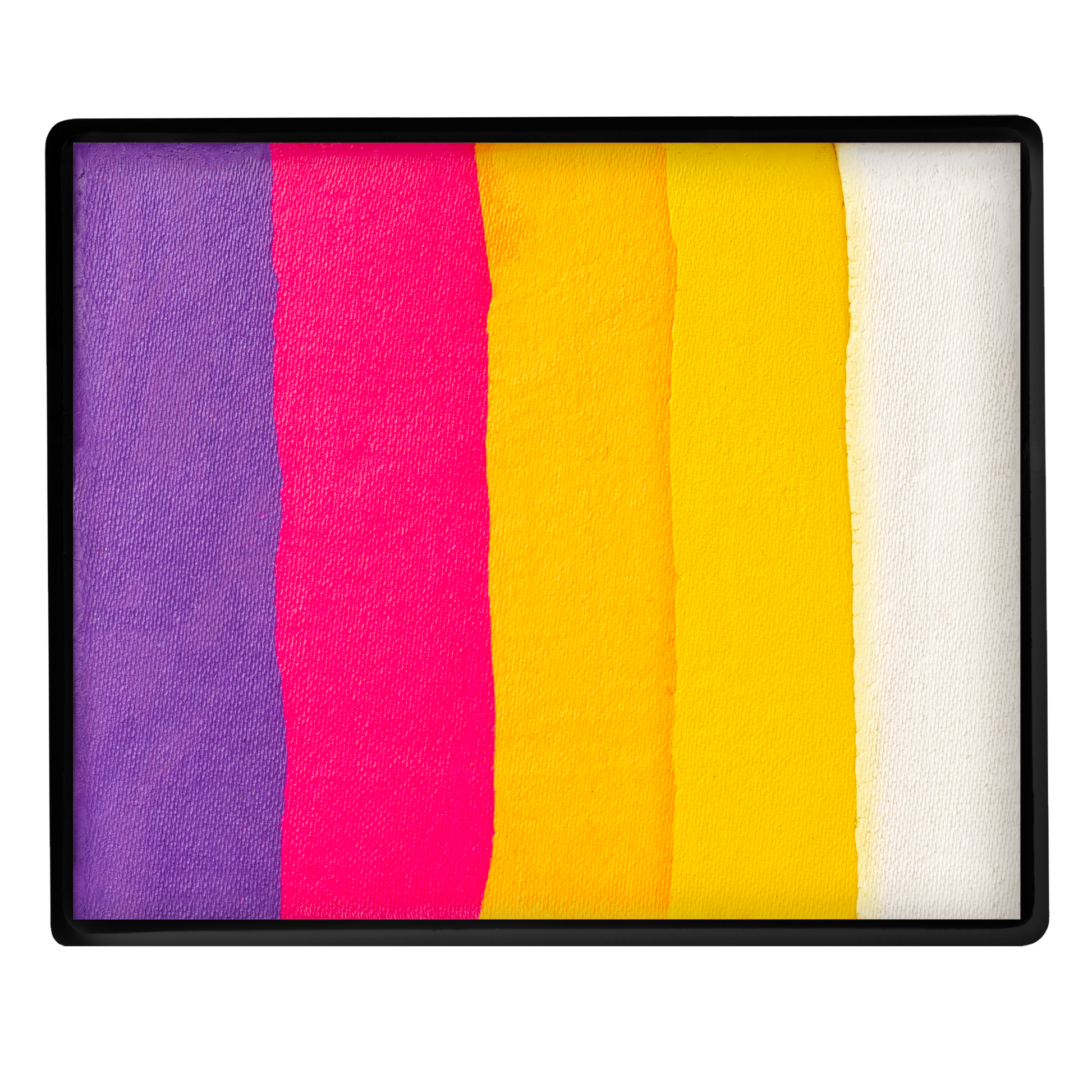 The Infinityfaces Face Paint & Body Paint Aqua - Foxy Split Cake - Tag (50g) features five pressed face paint strips—purple, pink, orange, yellow, and white—arranged in a rectangular tray for vibrant and creative looks.