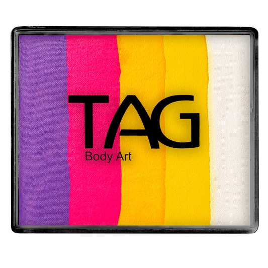 The Infinityfaces Face Paint & Body Paint Aqua - Foxy Split Cake (50g) by Tag features five bold vertical stripes—purple, pink, orange, yellow, and white—perfect for creative face and body art with easy application.