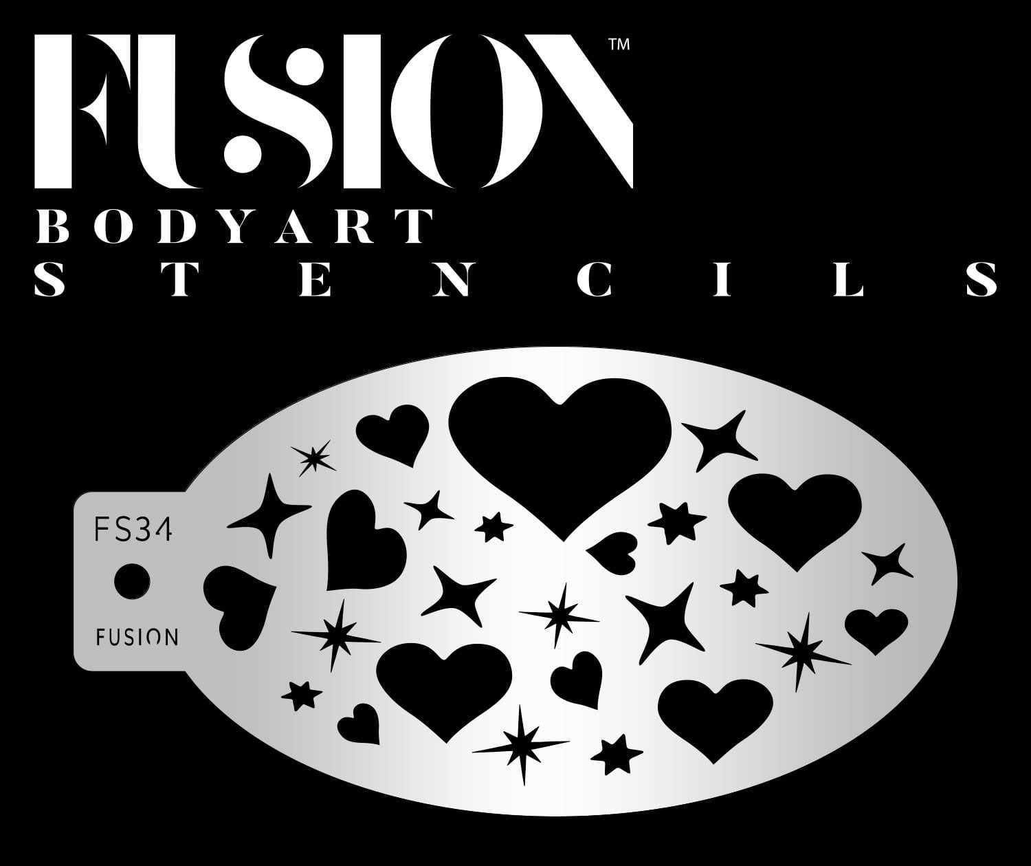 A silver oval stencil labeled FS34 featuring heart and star cut-outs rests on a black background. Above it, bold white letters read Infinity Faces Sweet Heart Fusion Stencil Body Art.