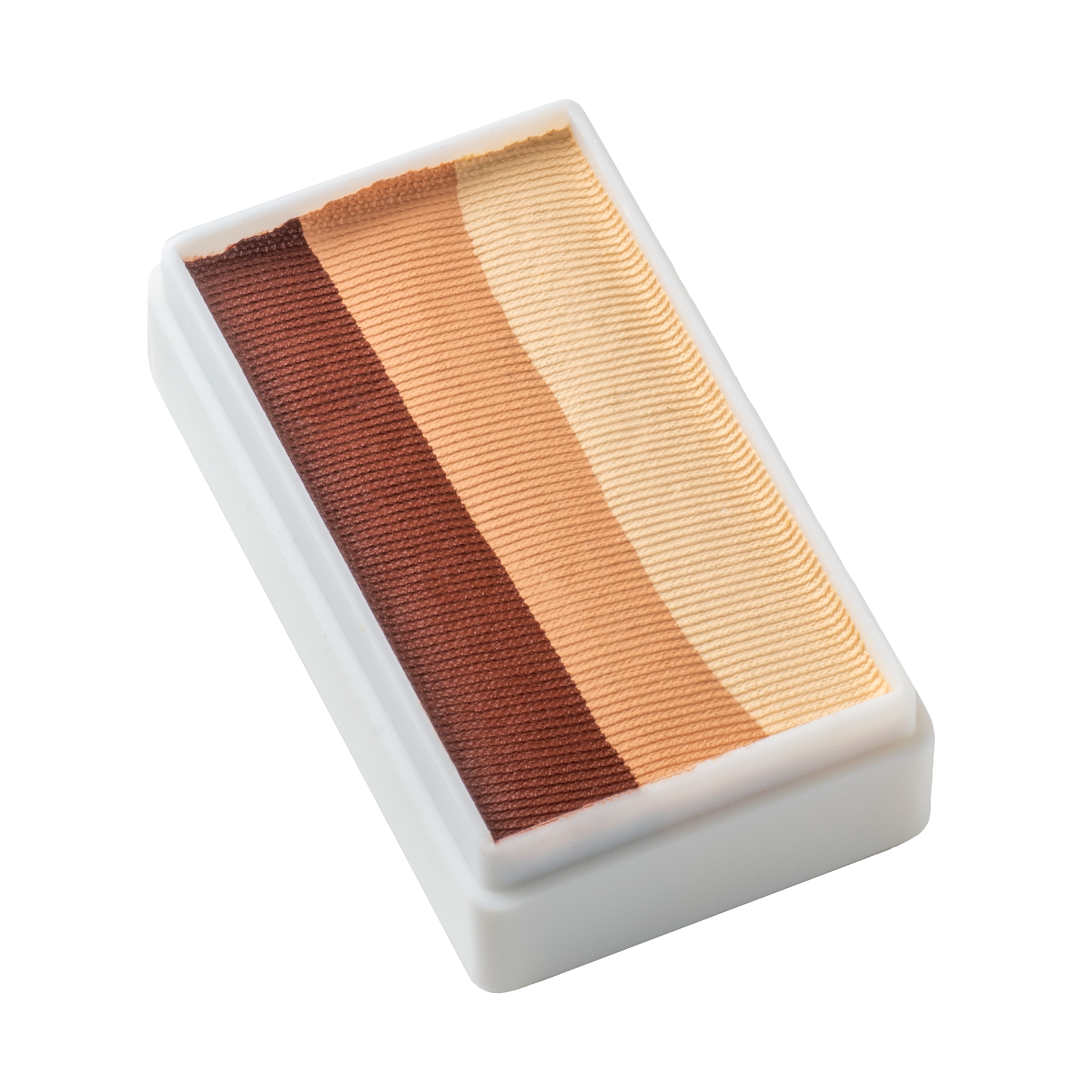 The Infinityfaces Face Paint & Body Paint Aqua Tag - Teddy Bear (30g) features a rectangular palette with five gradient shades from dark brown to light beige in parallel stripes, housed in a white plastic container.