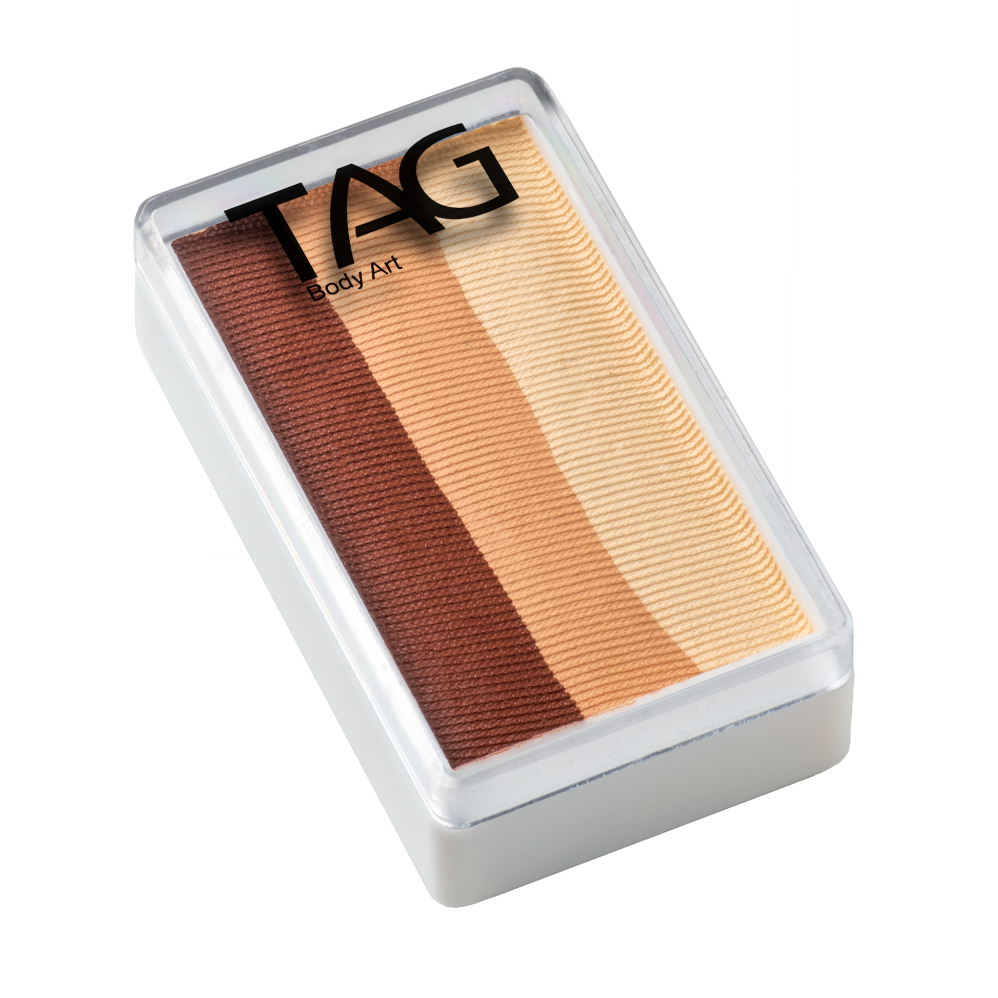 The Infinityfaces TAG Teddy Bear One Stroke face and body paint is a 30g rectangular container with four brown and beige stripes, enclosed in a transparent lid.