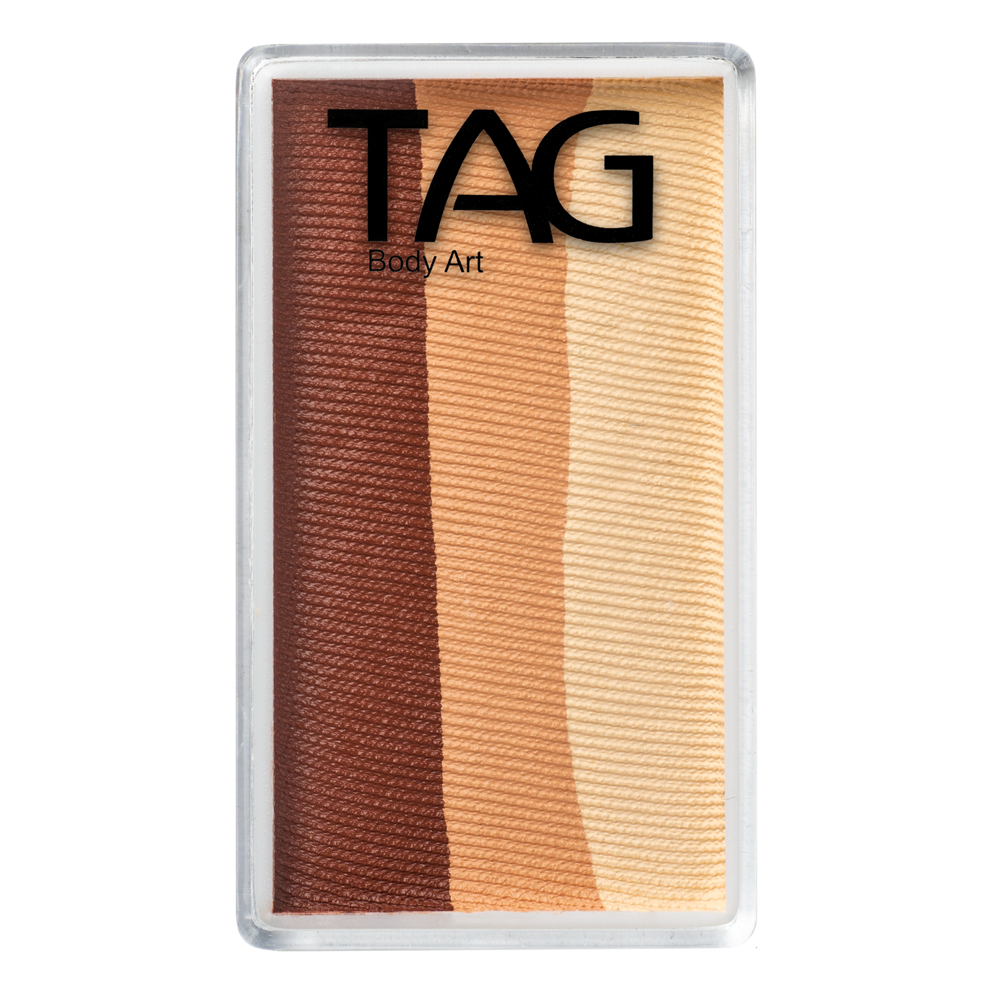 The Infinityfaces Face Paint & Body Paint Aqua Tag - Teddy Bear (One Stroke) (30g) features four vertical, gradient stripes in brown, tan, peach, and cream, housed in a rectangular plastic case with a clear lid.