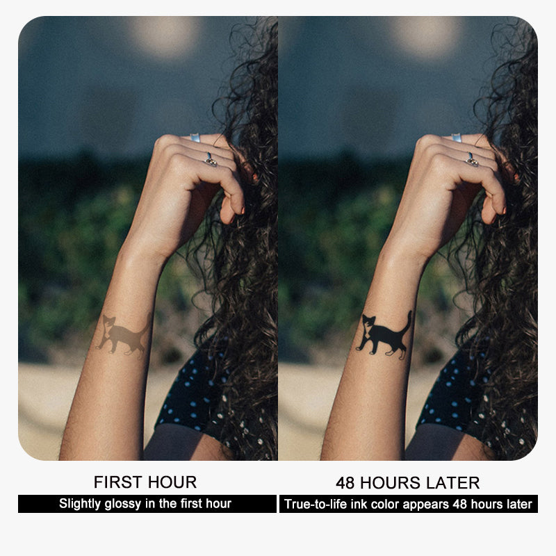 A side-by-side comparison on an arm showcases Infinityfaces Temporary Herbal Tattoo - The King of Cats. The left side displays the plant-based tattoo slightly glossy just after application, while the right shows a more natural, matte appearance 48 hours later.