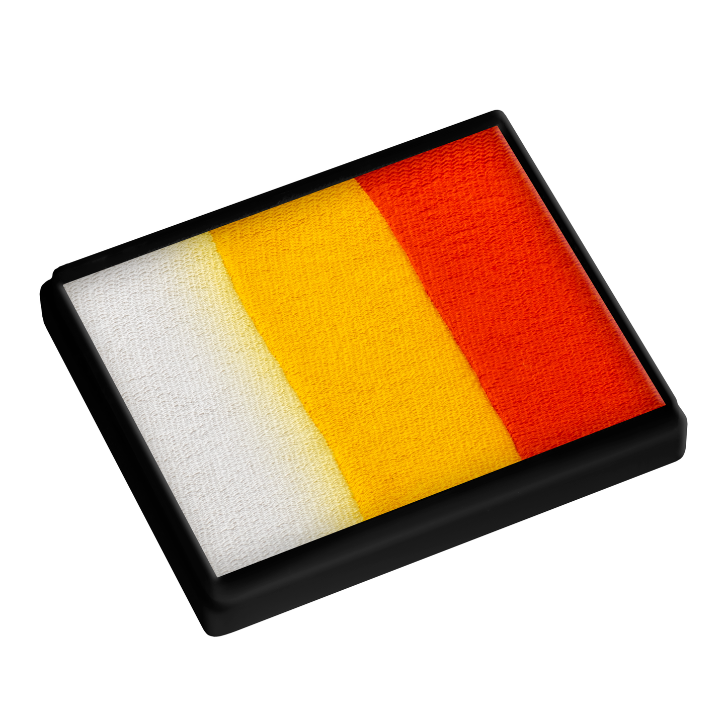 A rectangular Infinityfaces Face Paint & Body Paint Aqua Split Cake (50g) features orange and yellow stripes set in a black frame against white—ideal for vibrant face and body art. Product description needed for targeted SEO keyword suggestions.