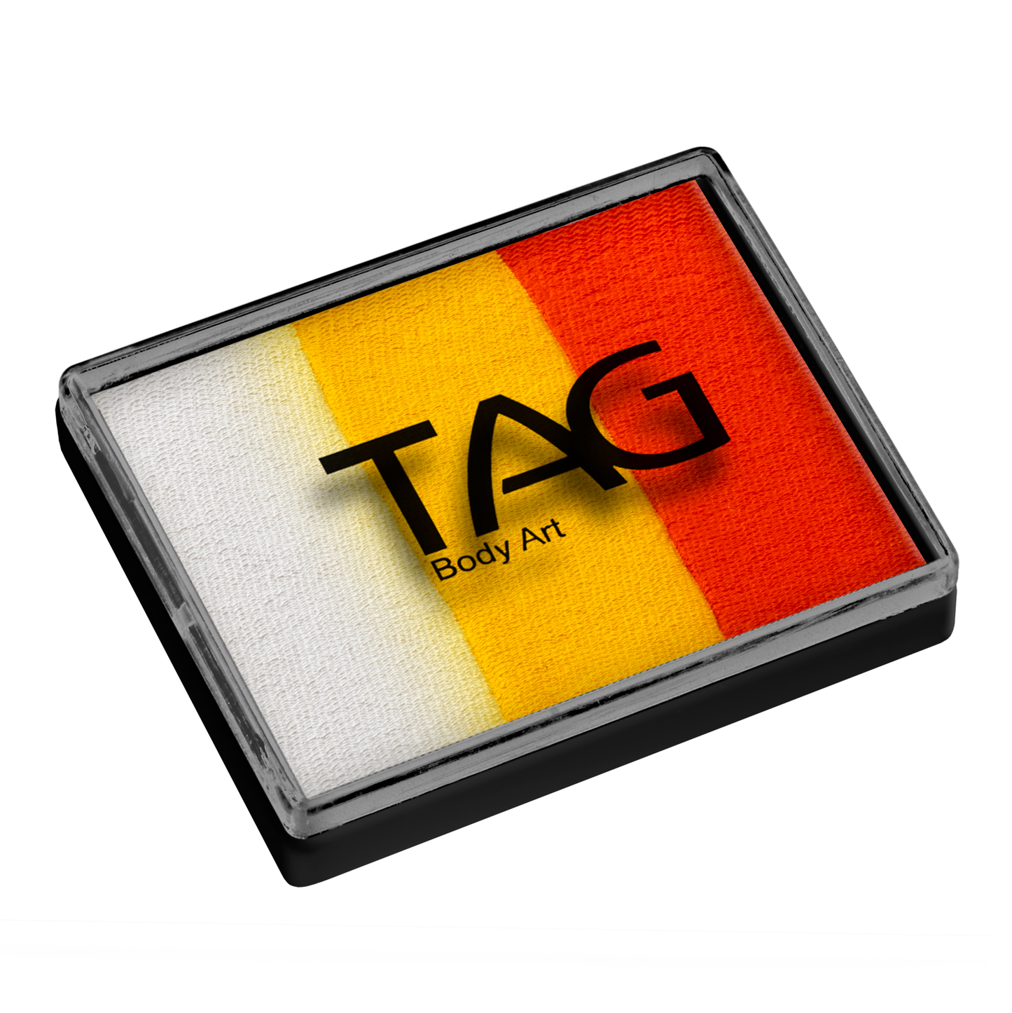 The Infinityfaces Face Paint & Body Paint Aqua - Orange & Yellow Split Cake (50g) by TAG features a rectangular black plastic case with two vibrant horizontal stripes—orange and yellow—ideal for bold, colorful face and body art.