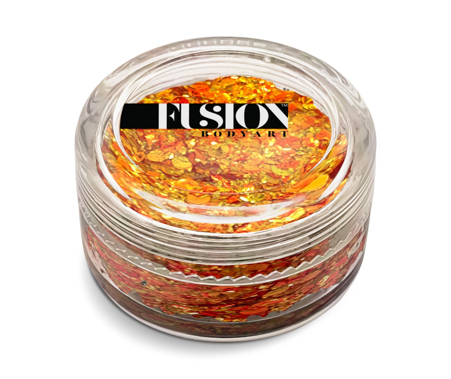 A small clear jar labeled Infinity Faces, filled with Glitter Cream Fusion - Tiger Flare (10g), featuring orange and gold chunky glitter.